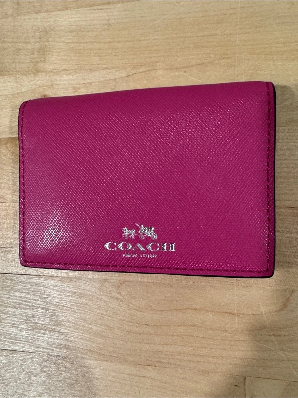 Coach Hot Pink Saffiano Leather Card Case with Silver Logo